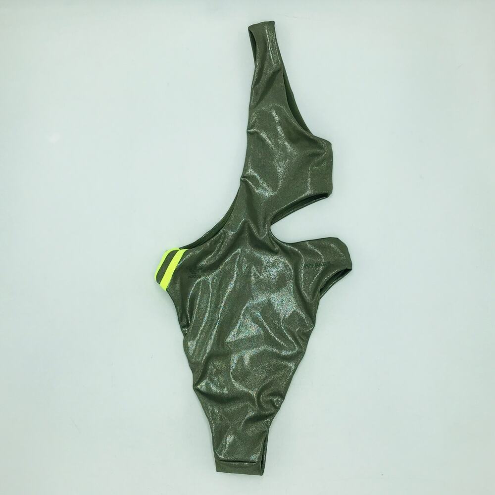 Ivy Park Adidas Women's XS Swimsuit Green Metallic Cutout Asymmetric Flaw AX13
